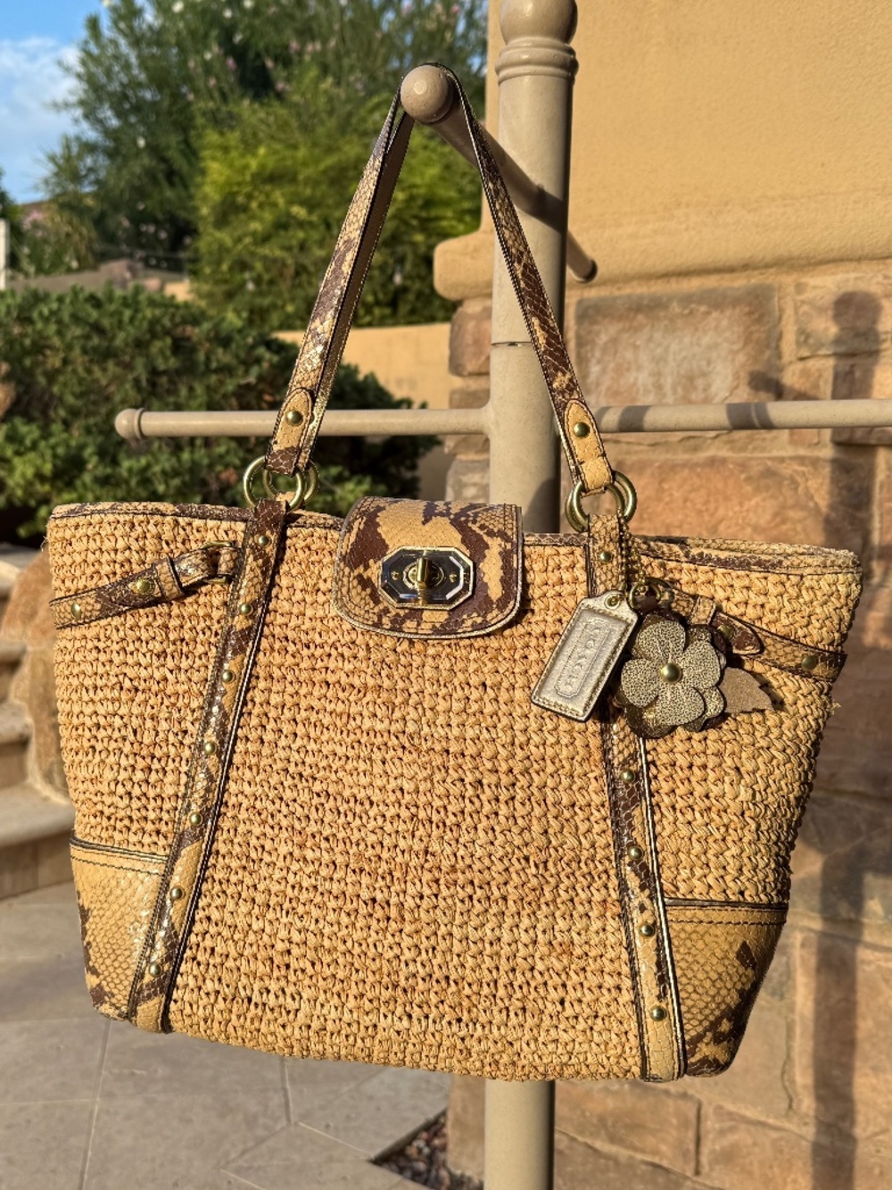 Coach Hampton Natalie Straw Bag with Python Trim